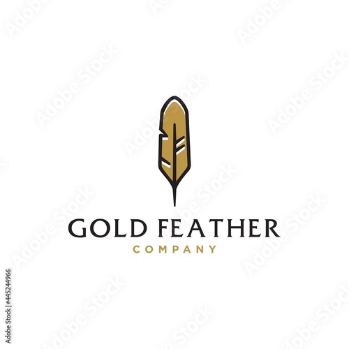 simple gold Feather logo,vintage line quill pen logo icon, classic stationery illustration isolated on white background