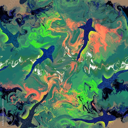 Fototapeta Naklejka Na Ścianę i Meble -  Abstract Hand Drawing Tie Dye Marble Pattern with Shark Fishes Seamless Pattern Wavy Background