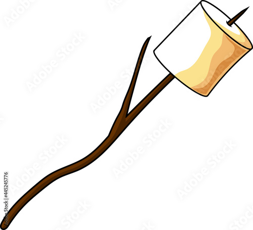 Cartoon Roasted Marshmallow On Wooden Stick. Vector Hand Drawn Illustration Isolated On Transparent Background