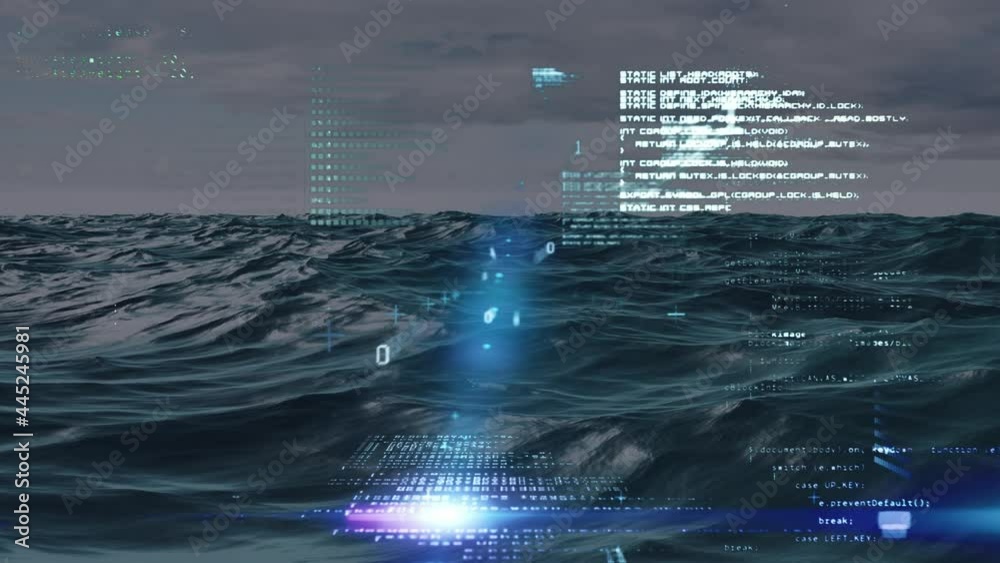 Animation of binary coding and data processing over sea