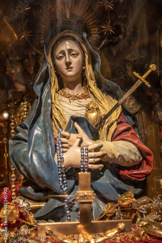 Our Lady of Sorrows statue in Golgotha, The Church of the Holy Sepulchre is a church in the Christian Quarter of the Old City of Jerusalem. israel june 2021