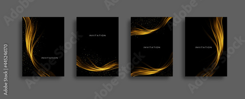 Abstract shiny color golden wave design element with glitter effect on dark background, invitation set
