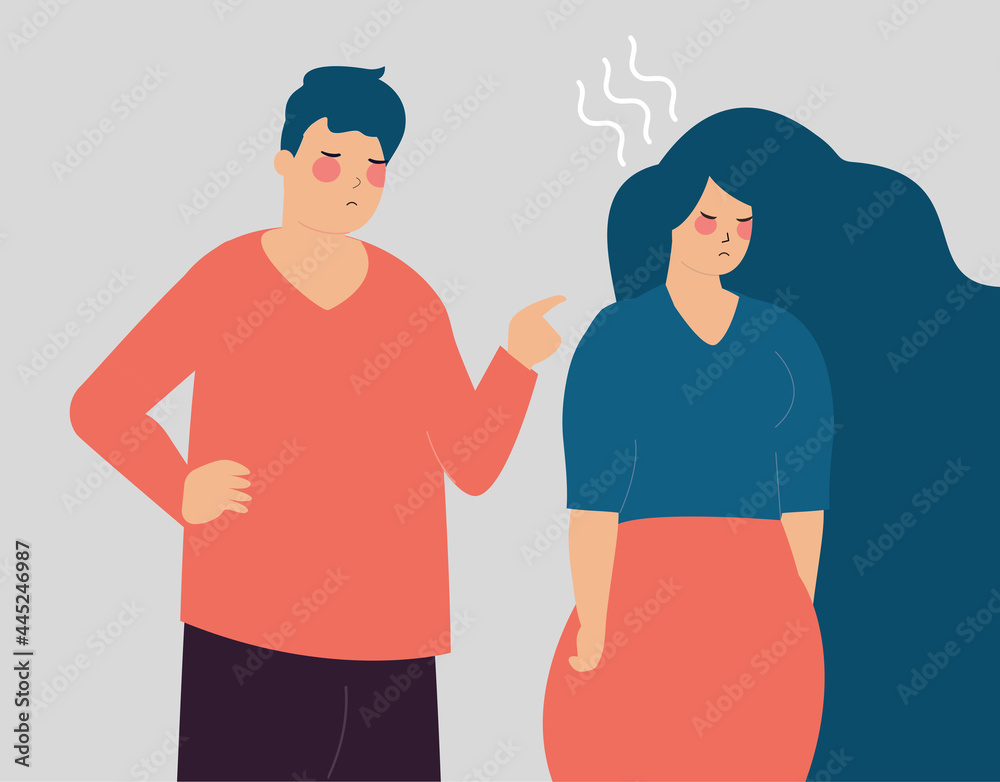 Obraz premium Man blames a woman and points his finger at her. Wife Feeling sad, stressed, abused, nervous because of her husband harassment. mental disorder issues, couple domestic violence, stop bullying concept.