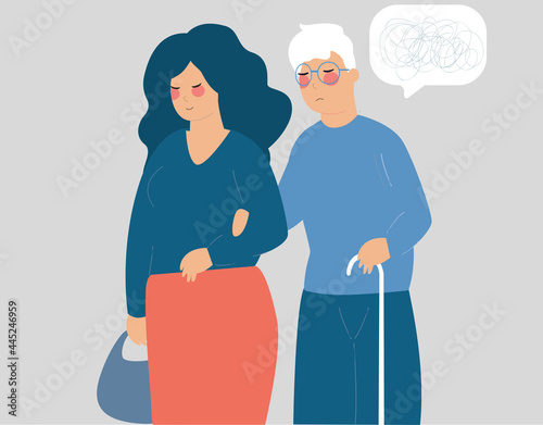 Young woman caring an old man with stick. Social help. Care senior, volunteer works with elderly helps supports them. Old people, memory loss, dementia and Alzheimer mental disorder Concept.	