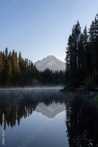 Portrait of Mt Hood reflecting off Trillium Lake during Sunrise magic hour with Reflections
