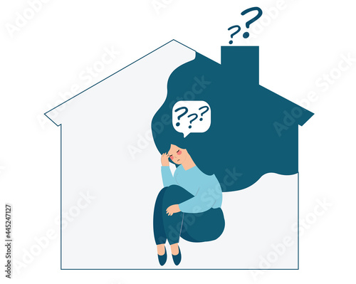 Woman with long hair sits and hugs her knees. Girl looks stressed depressed because of parents. Domestic violence, Disintegration of the family, divorce effects, negative parenting, orphanage concept.