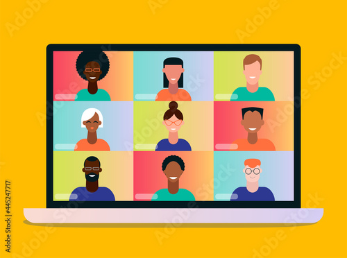Online meeting. Video conference on laptop. Vector illustration