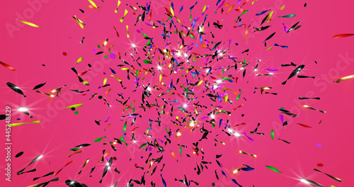 3d rendering of a blast of confetti exploding from the center, with a pink background.