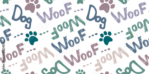 seamless doodle drawing with the word woof and dog. A pattern on the topic of a puppy, grooming, veterinary medicine. A pattern with fashionable colors about a pet photo