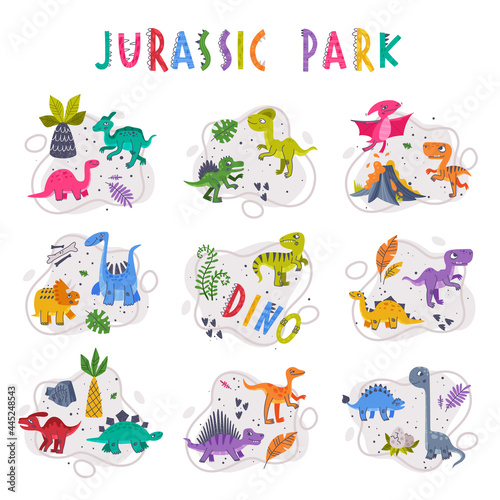 Jurassic Park Composition with Funny Dinosaurs as Cute Prehistoric Creature and Comic Predator Vector Set