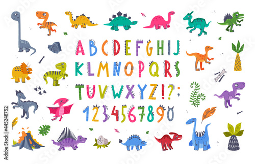 Funny Dinosaurs Prehistoric Creature and Comic Dino Alphabet Letters Vector Set
