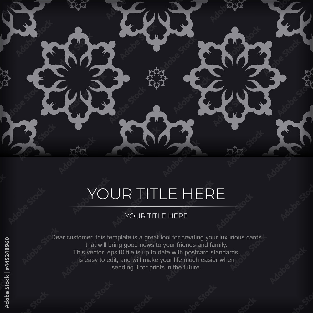 Dark invitation card design with silver Indian ornament. Elegant and classic vector elements ready for print and typography. Dark invitation card design with silver Indian ornament. Elegant and classic vector elements ready for print and typography.