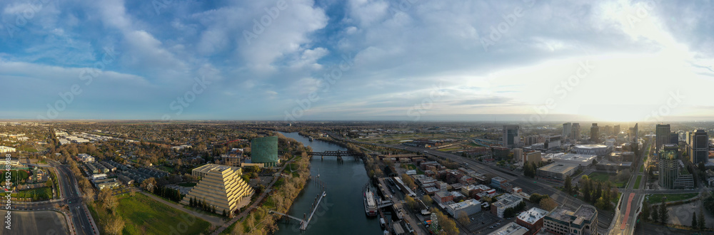 Panorama of downtown Sacramento, West Sacramento and Old town Sacramento with the Sacramento River in the middle. 