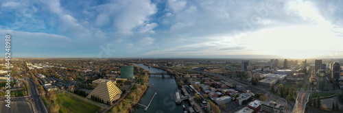 Panorama of downtown Sacramento, West Sacramento and Old town Sacramento with the Sacramento River in the middle. 