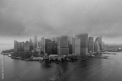 Aerial view on Financial district on a foggy day 