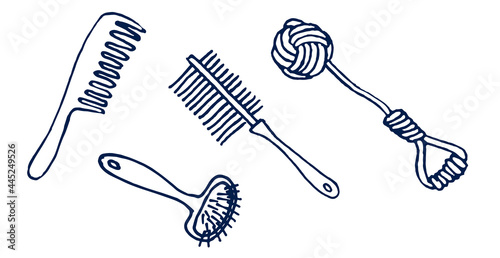 items for the care of a pet dog, isolated on a white background. grooming salon, doodles on the topic of veterinary medicine and a puppy. comb, brush, toys