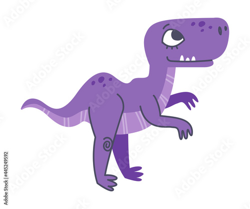 Funny Purple Dinosaur as Cute Prehistoric Creature and Comic Jurassic Predator Vector Illustration