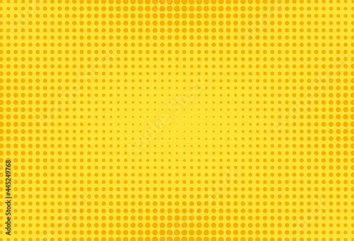 Pop art pattern. Halftone comic dotted background. Yellow print with circles. Cartoon vintage texture. Duotone backdrop with half tone effect. Superhero wow print. Gradient design. Vector illustration