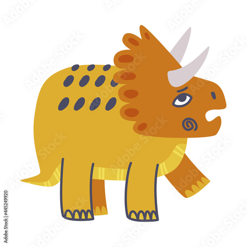 Funny Horned Dinosaur as Cute Prehistoric Creature and Comic Jurassic Predator Vector Illustration