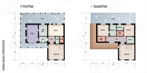 Architectural Technical Color Plans. Colorful floor plans of a house. Individual cottage, apartment architectural CAD drawing. Cottage project. Vector illustration