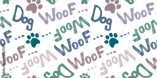 seamless doodle drawing with the word woof and dog. A pattern on the topic of a puppy  grooming  veterinary medicine. A pattern with fashionable colors about a pet