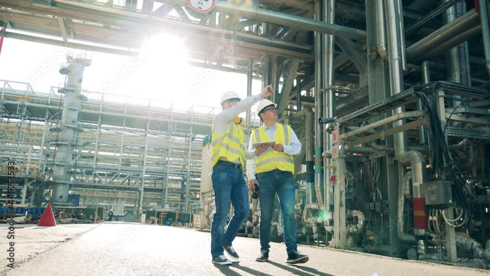 Two workers are walking along the petroleum refinery Two workers are walking along the petroleum refinery