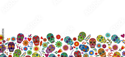 Day of the Dead  skulls banner. Dia de los muertos frame. Day of the dead and  mexican Halloween background. Mexican tradition  festival. Day of the dead sugar skull isolated. Dia de los Muertos tatto