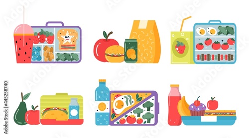 Set of icons breakfast or lunch meals. Food, drinks for Children school lunch boxes with meal, hamburger, sandwich, juice, snacks, fruit, vegetables.Vector collection