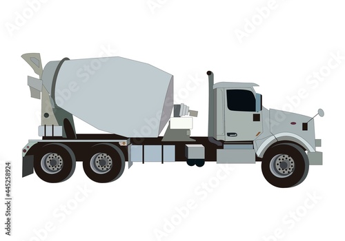 Camión hormigonera. Vehículos de la construcción. Camión americano de la construcción sobre fondo blanco