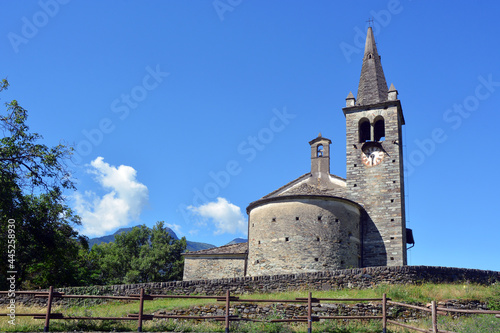Saint Vincent, Aosta Valley, Italy-The small and antique Romanesque-style church in the village of Moron