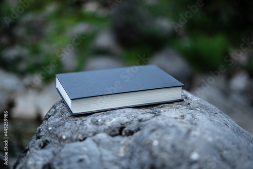 Libro. Leer en la montaña. Lectura, tranquilidad. Libro encima de una roca. 