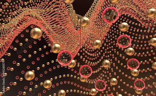 Abstract composition of spheres and balls made of different materials in bright multicolored colors. 3d rendering.