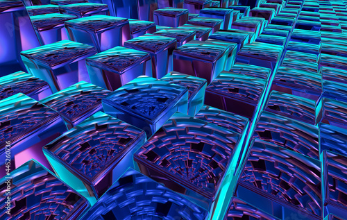Abstract composition with the image of cubes of different sizes in bright multicolored colors. 3d rendering.