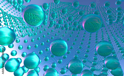 Abstract composition with the image of spherical bubbles in bright blue and pink tones. 3d rendering.