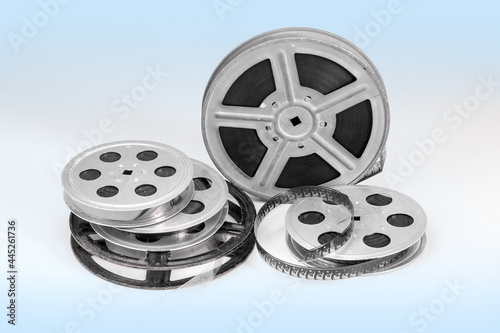 close-up of old reels of film