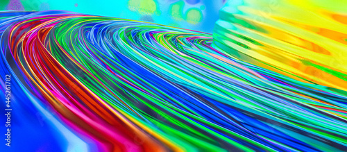 A bright abstract composition of multicolored lines and a sphere. 3d rendering.