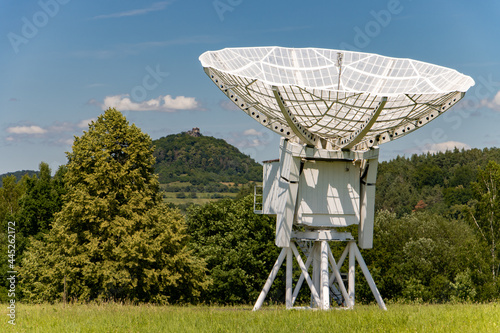 Ionospheric observatory with a giant satellite dish for receiving a satellite signal.