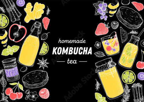 Kombucha tea and ingredients for kombucha sketch. Hand drawn vector illustration. Kombucha drink. Tea mushroom, tea fungus, or Manchurian mushroom.