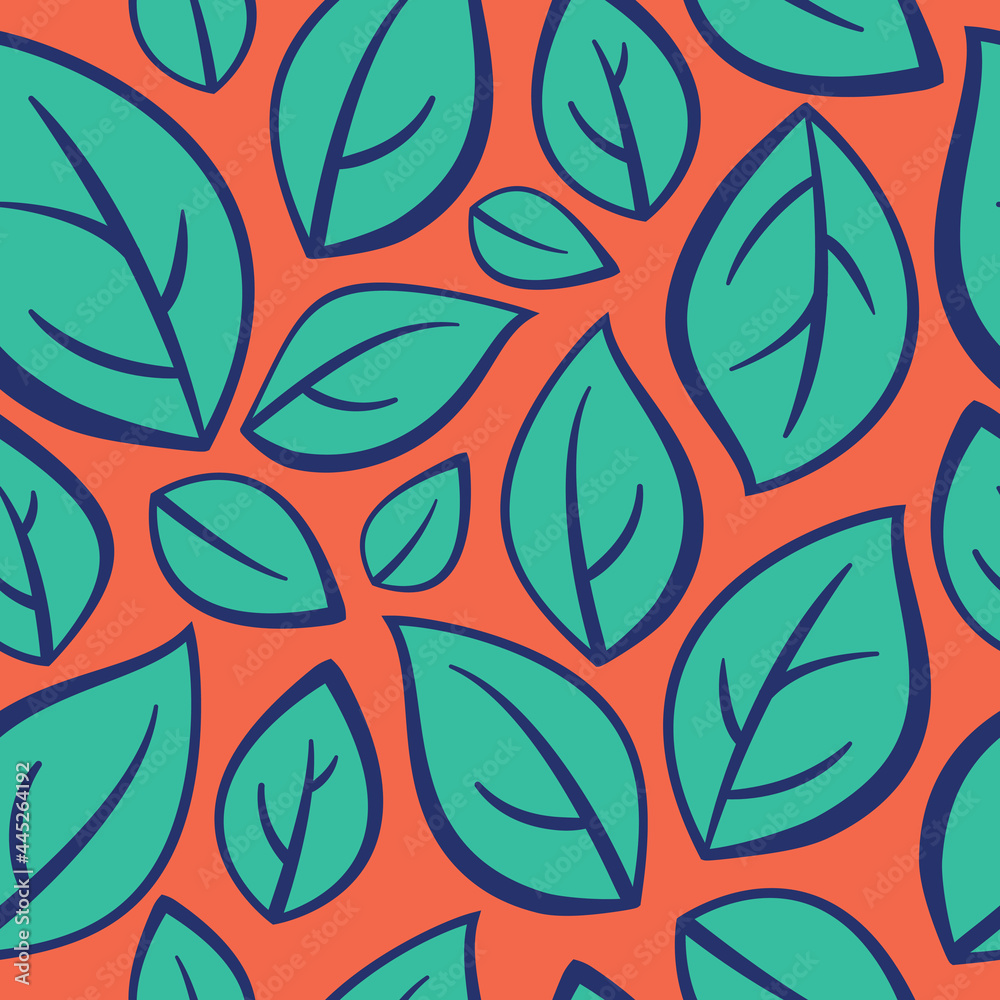 Bold vibrant abstract leaves seamless pattern. Teal, green, navy blue leaf illustration on bright orange background. Large, minimal, modern, fun, retro, colourful summer print. Vector Repeat texture.