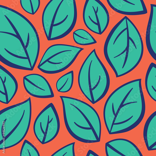 Bold vibrant abstract leaves seamless pattern. Teal  green  navy blue leaf illustration on bright orange background. Large  minimal  modern  fun  retro  colourful summer print. Vector Repeat texture.