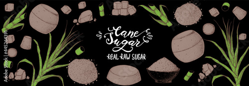 Brown Sugar Organic Unrefined. Sugar cane sketch. Hand drawn vector illustration. Sugar cane sketch. Vintage design template. Panela, Gur or jggery powder.