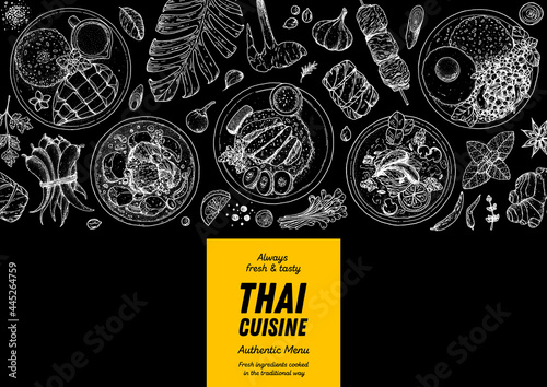 Thai food top view vector illustration. Food menu design template. Hand drawn sketch. Thai food menu. Vintage style. Mango sticky rice, massaman curry, khao man gai, tom kha gai, pad krapow gai