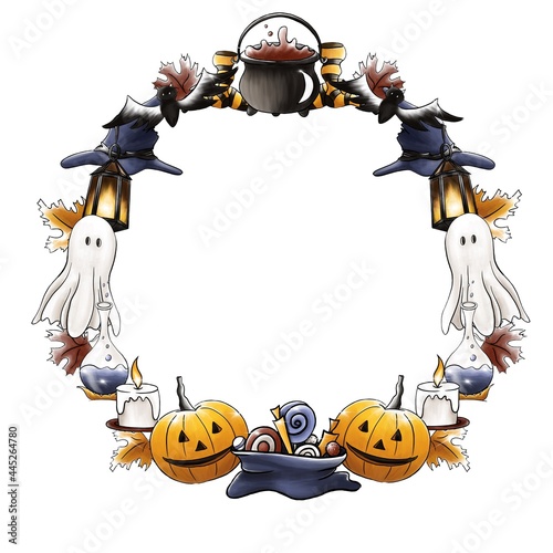 Beautiful Halloween wreath with pumpkins, sweets, ghosts, socks and candles