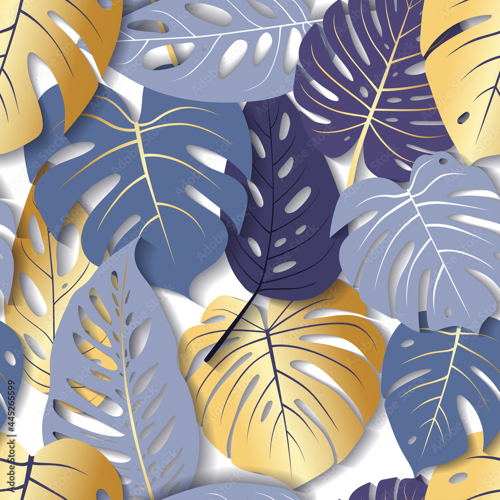 Foto auf Acrylglas mit Modernes, nahtloses Muster mit blauen und goldenen tropischen Monstera-Blättern. Luxuriöse, trendige Collage mit hellen exotischen Blättern. Trendige Vorlage für Verpackung, Cover, Tapetendesign. Stock-Vektor-Illustration. #445265599