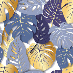 Acrylglasbilder Very-Peri-Muster Monstera Blätter Blau Gold Luxus  © Dasha Si
