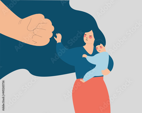 A mother protects her baby or boy from a dangerous fist that threatens him. Concept of family abuse, domestic violence, negative parenting. Stop bullying children. Vector illustration.	
