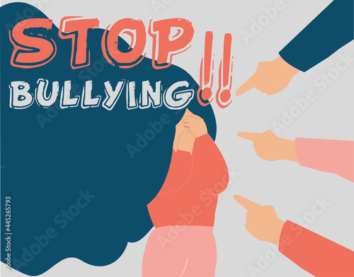 School girl get bullied by her classmates and covers her face with her hands to protect herself. Children surrounded a woman and abuse her by pointing fingers at her. Human behavior, mental health.	