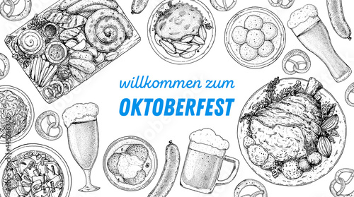 Oktoberfest menu design template. German food sketch. Hand drawn vector illustration. German cuisine. Black and white. Engraved style. Hand drawn food, sketch illustration