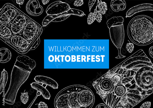 German food sketch. Oktoberfest menu design template. Hand drawn vector illustration. German cuisine. Black and white. Engraved style. Hand drawn food, sketch illustration