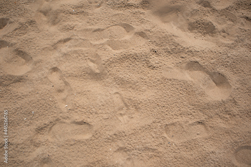 Footprint on sand on beach. Sandy beach. Summer, holidays background, vacation concept